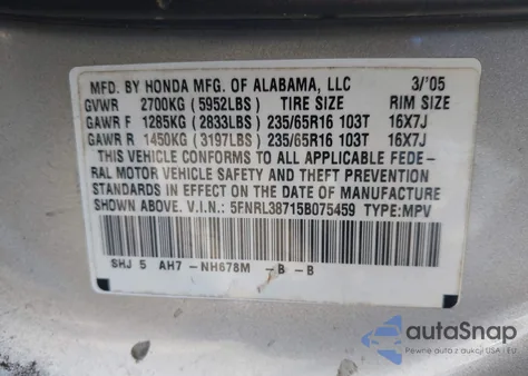 2005 Honda Odyssey Ex-L из США, поврежденный, VIN 5FNRL38715B075459